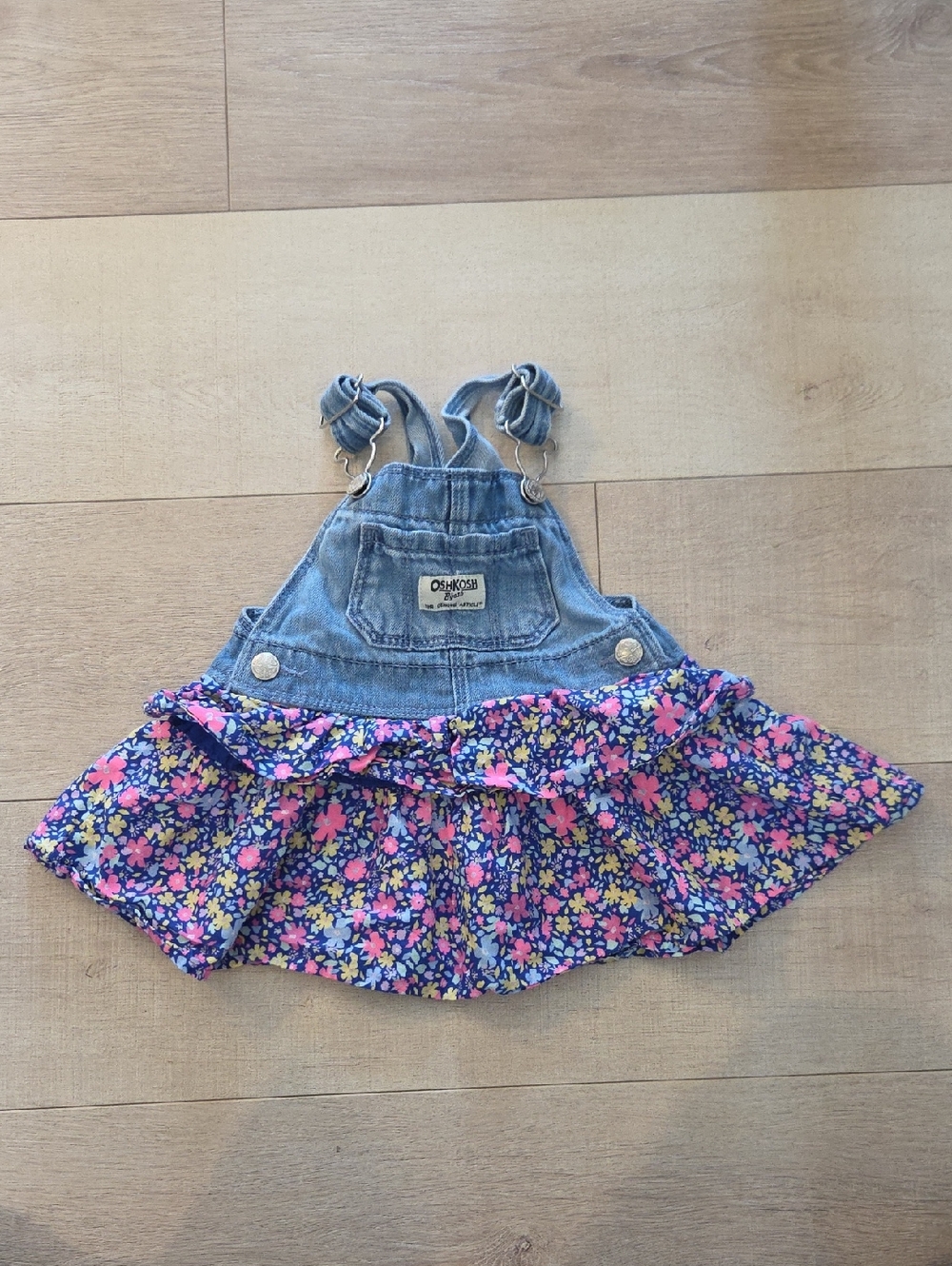 OshKosh B'gosh Denim Floral Skirt Overalls - Blue, Pink, Yellow